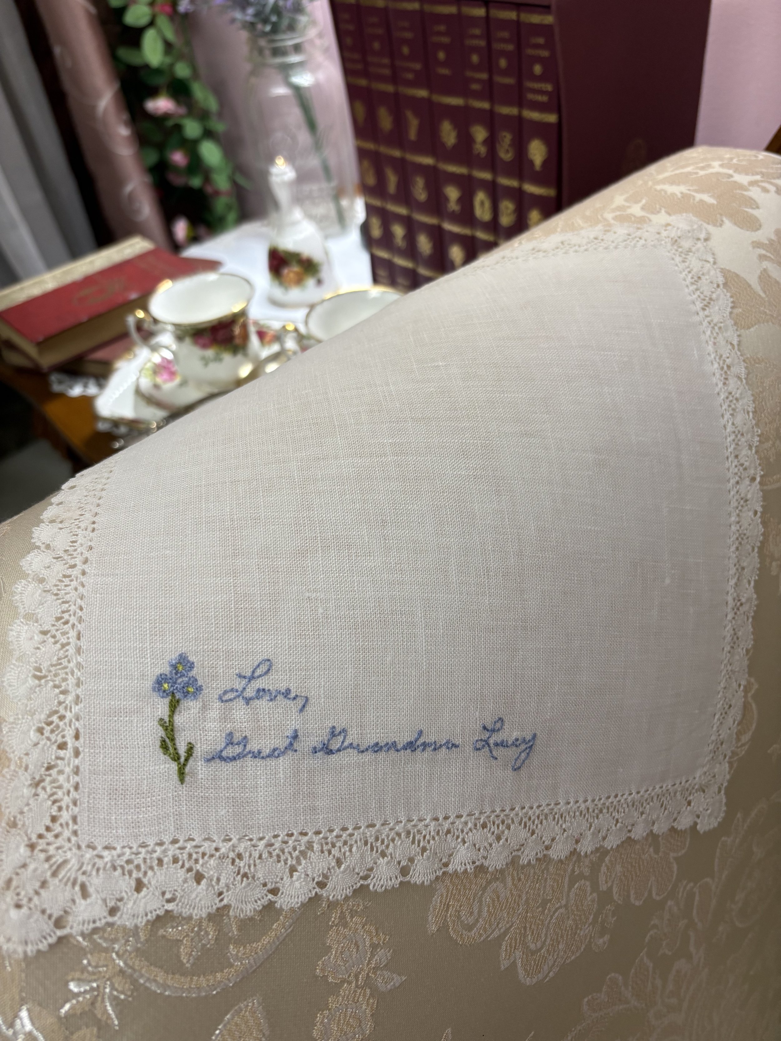 Personalized Forget Me Not Linen Wedding Handkerchief library.jpeg