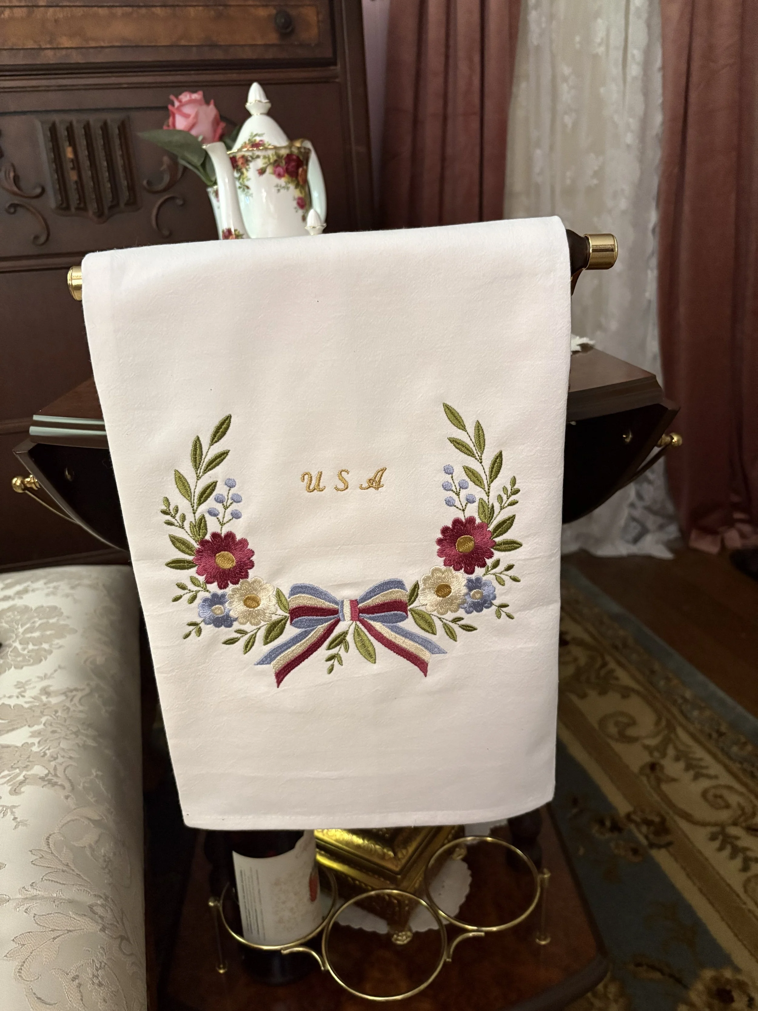 Heirloom Americana Floral Wreath Tea Towel tea cart.jpeg