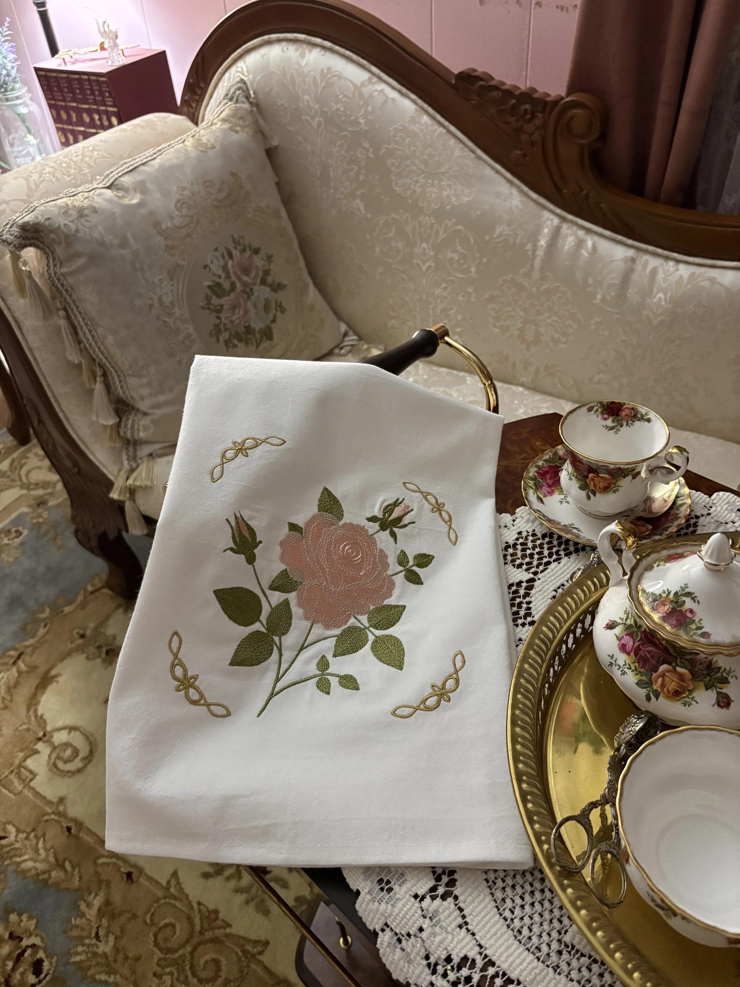 Heirloom Tea Rose Embroidered Tea Towel tea service.jpeg