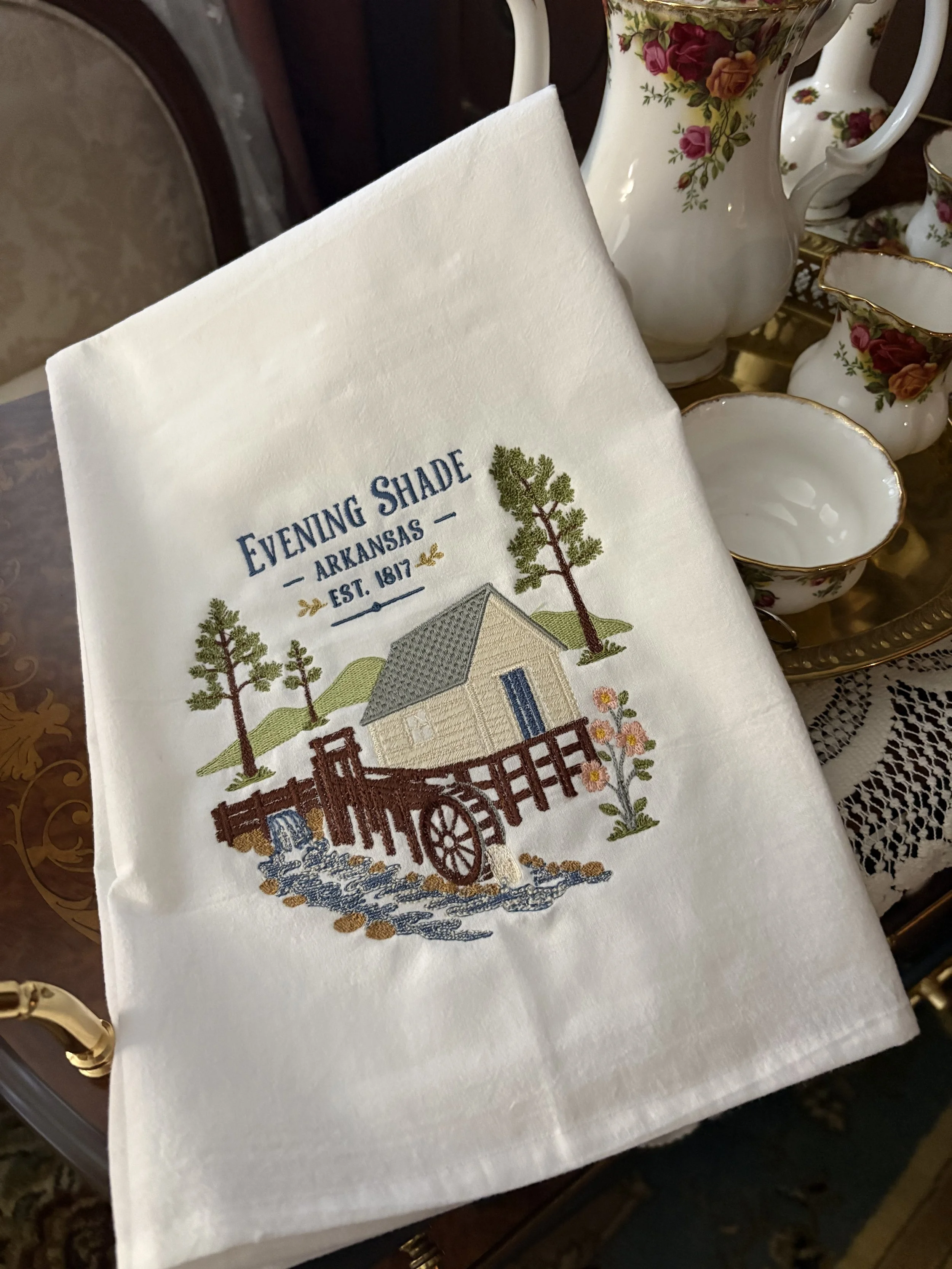 Evening Shade Mill Embroidered Tea Towel