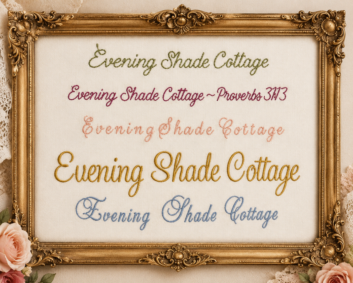 Discover the signature emboidery fonts of Evening Shade Cottage, inspired by Victorian elegance and heirloom craftsmanship for timeless custom embroidery.