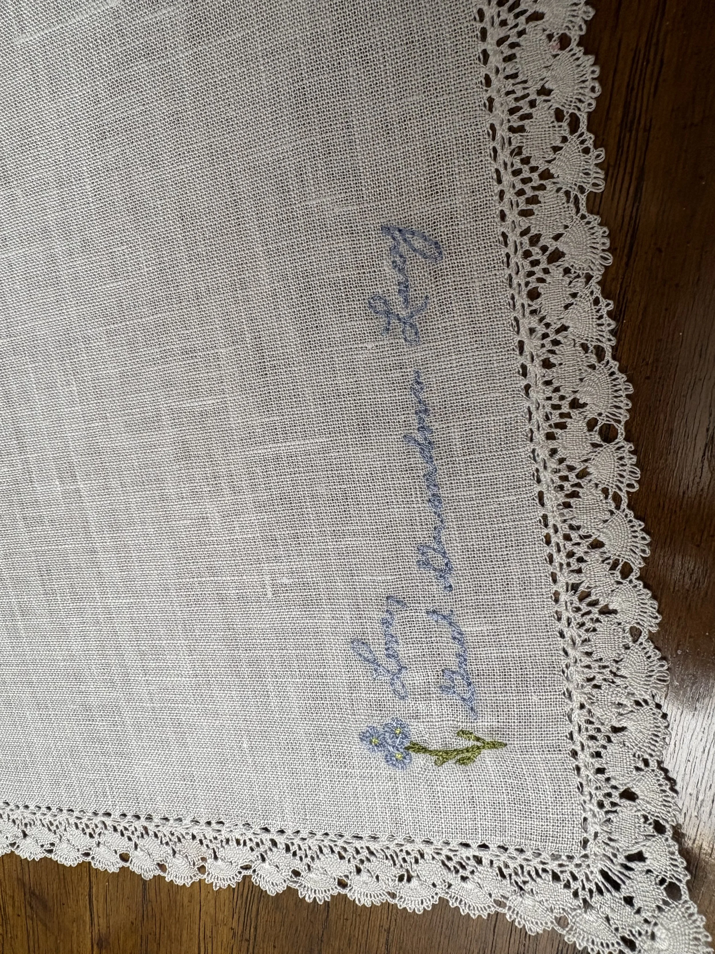 Personalized Forget Me Not Linen Wedding Handkerchief close up.jpeg
