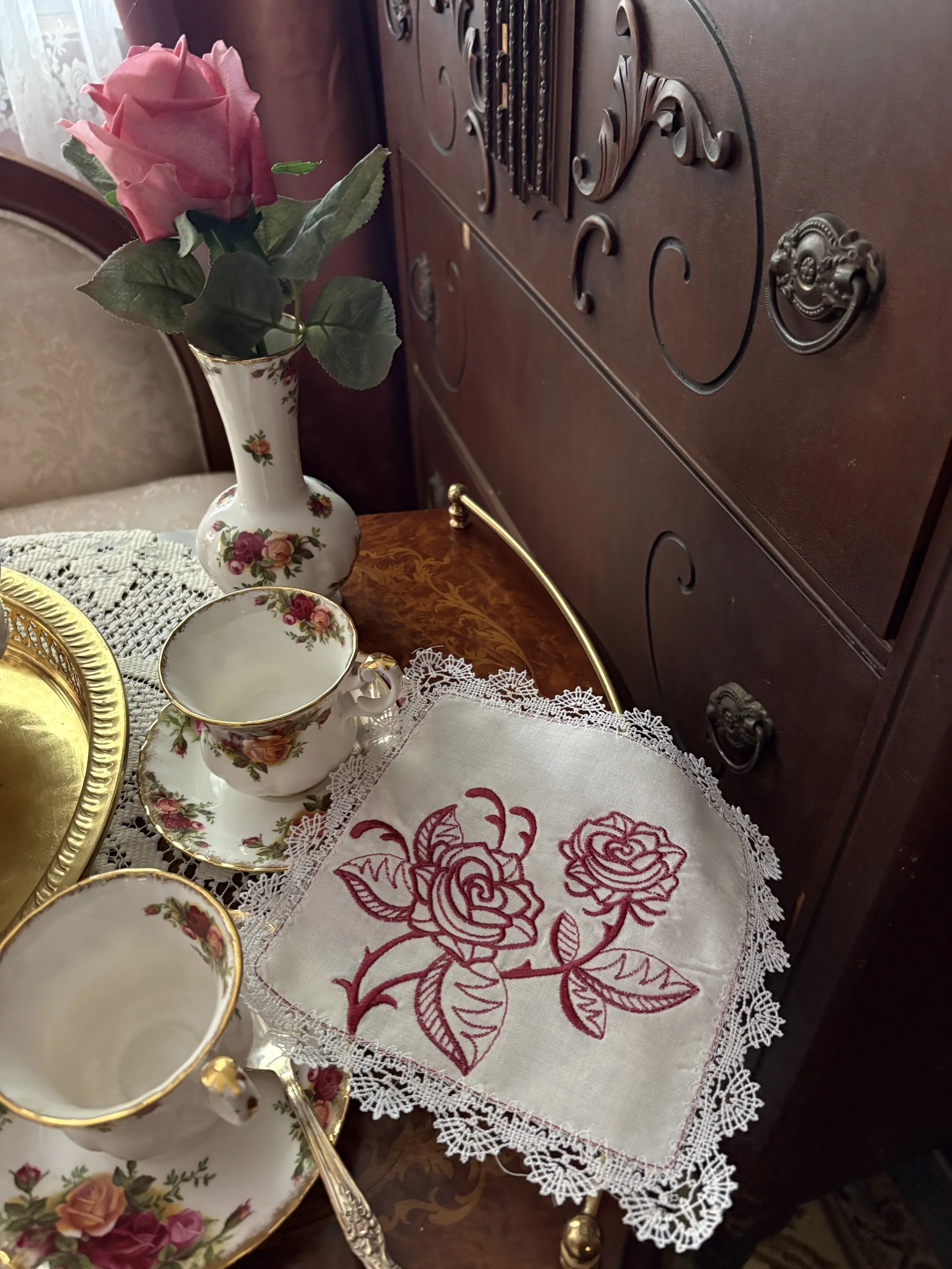 Cranberry Rose Lace Handkerchief