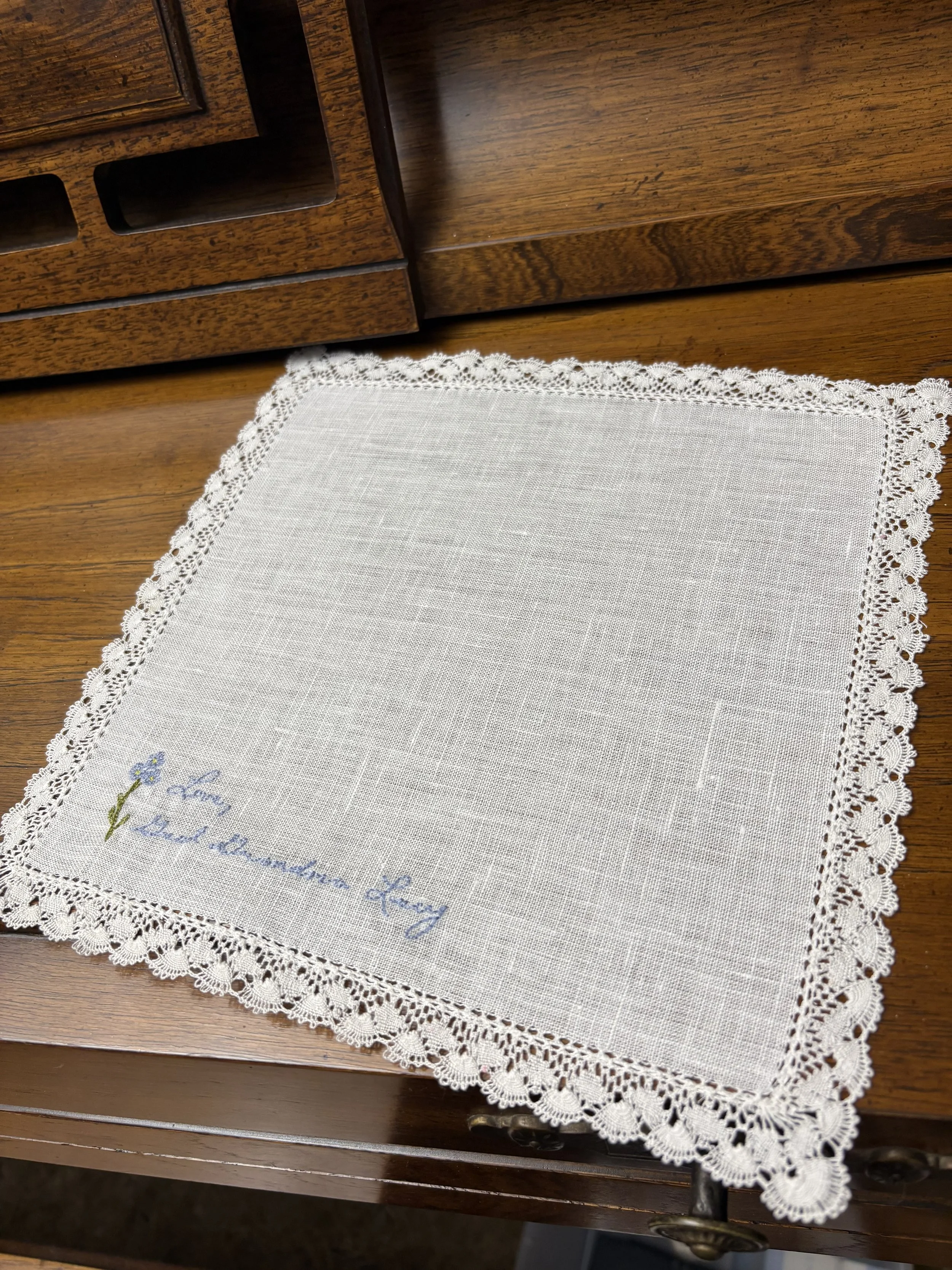 Personalized Forget Me Not Linen Wedding Handkerchief antique piano.jpeg