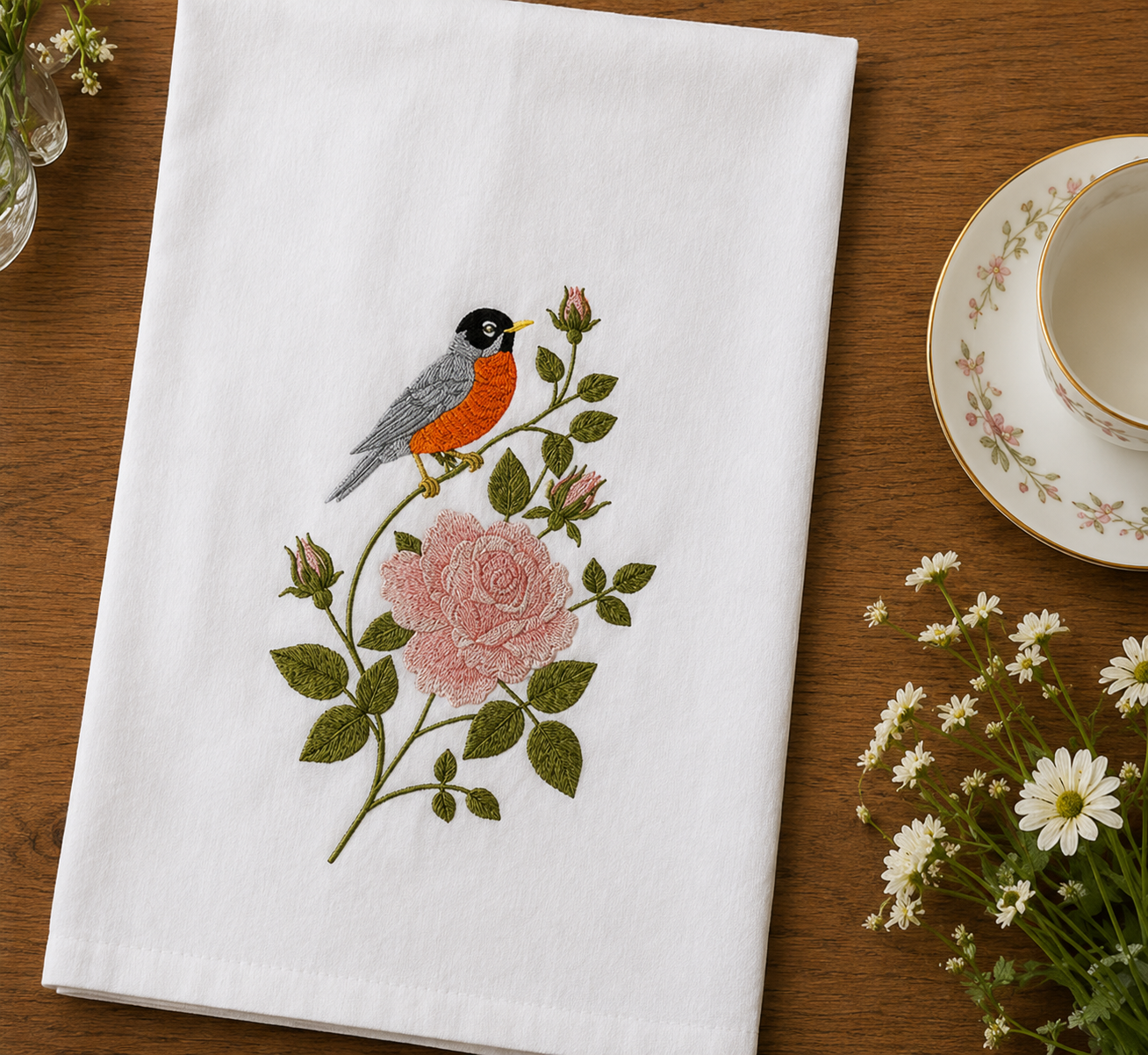 American Traditional Robin and Heirloom Rose Embroidered Tea Towel