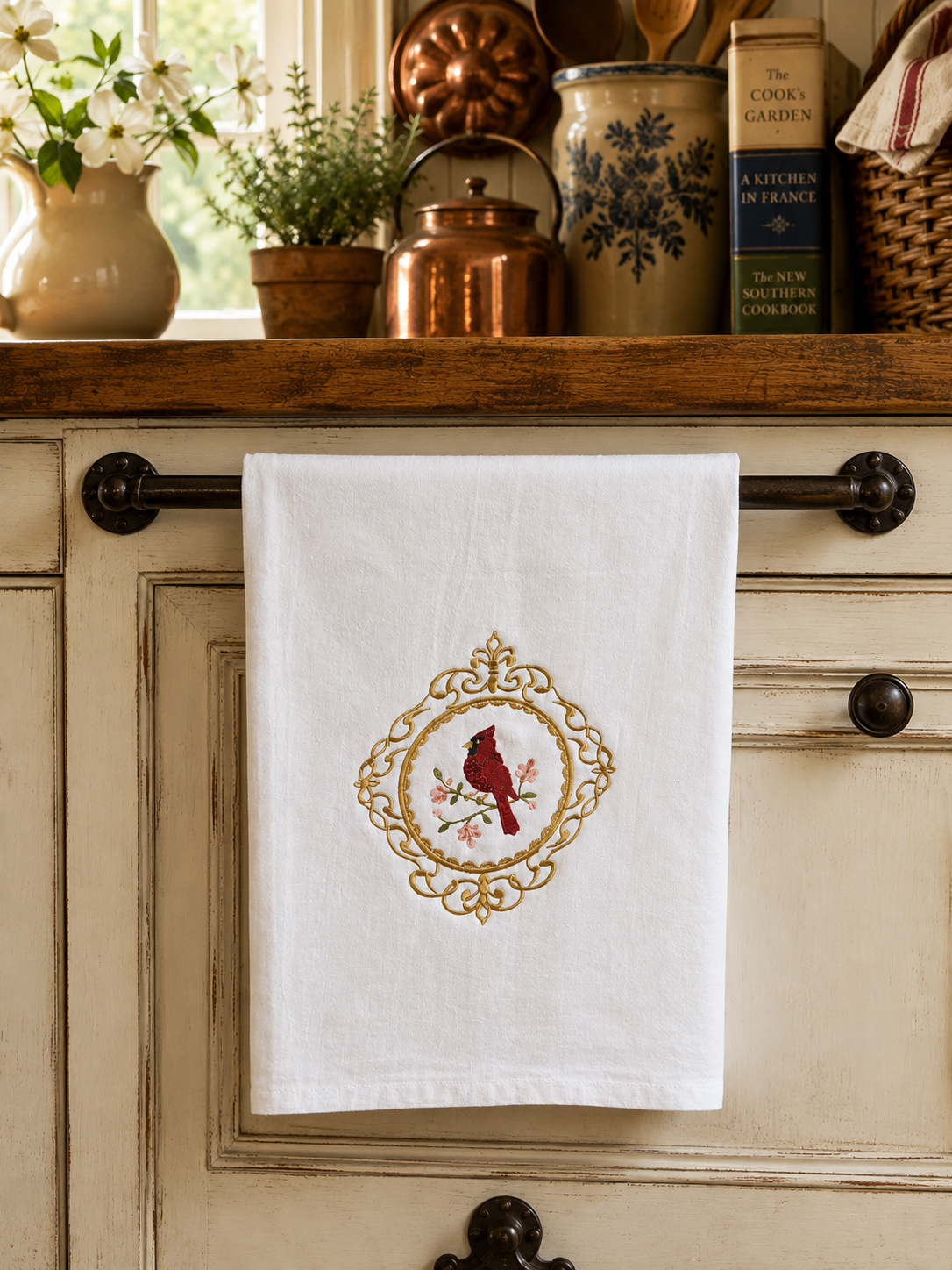 Victorian Cameo Cardinal Tea Towel cottage kitchen.png