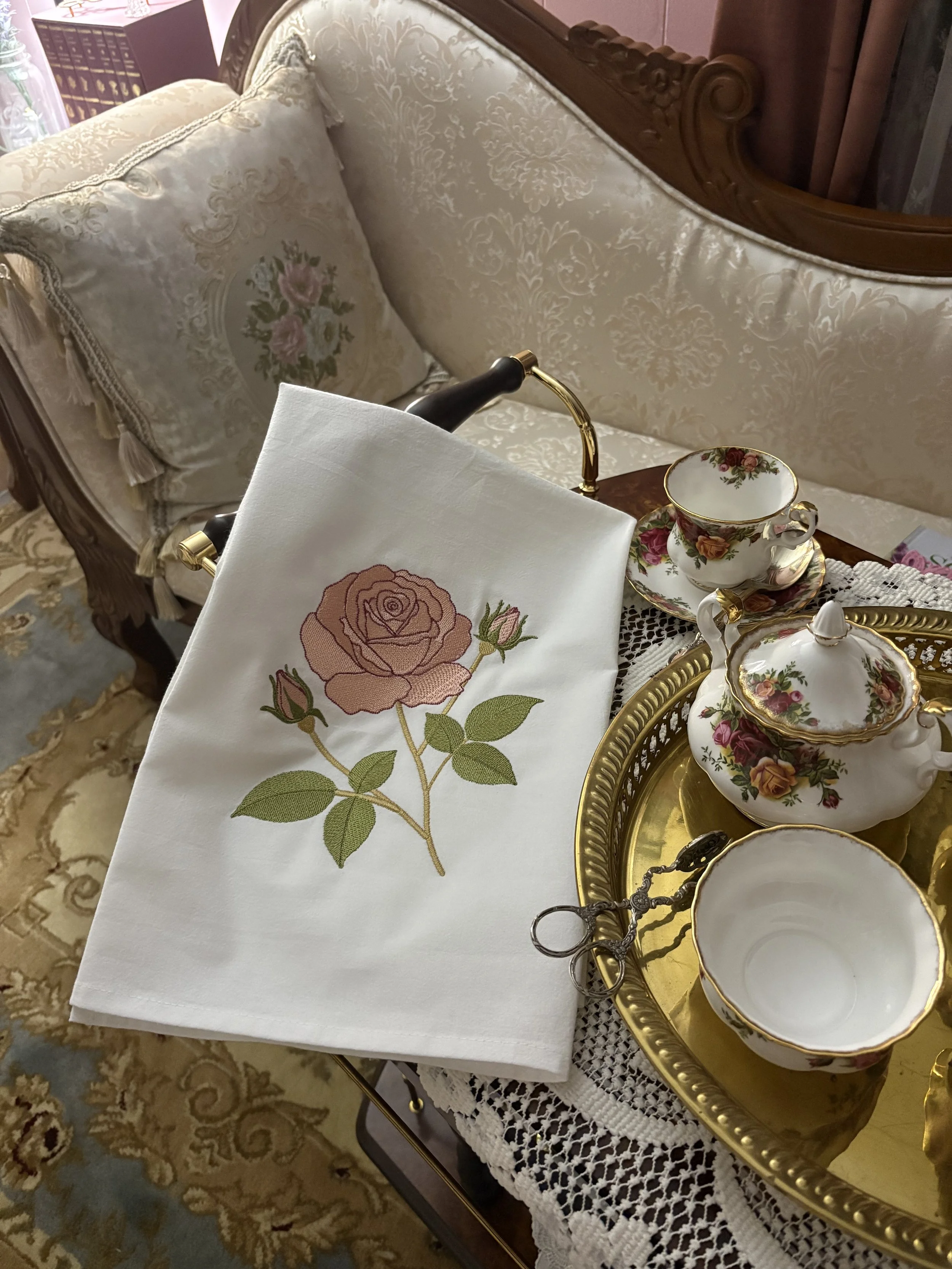 Victorian Tea Rose Embroidered Heirloom Tea Towel