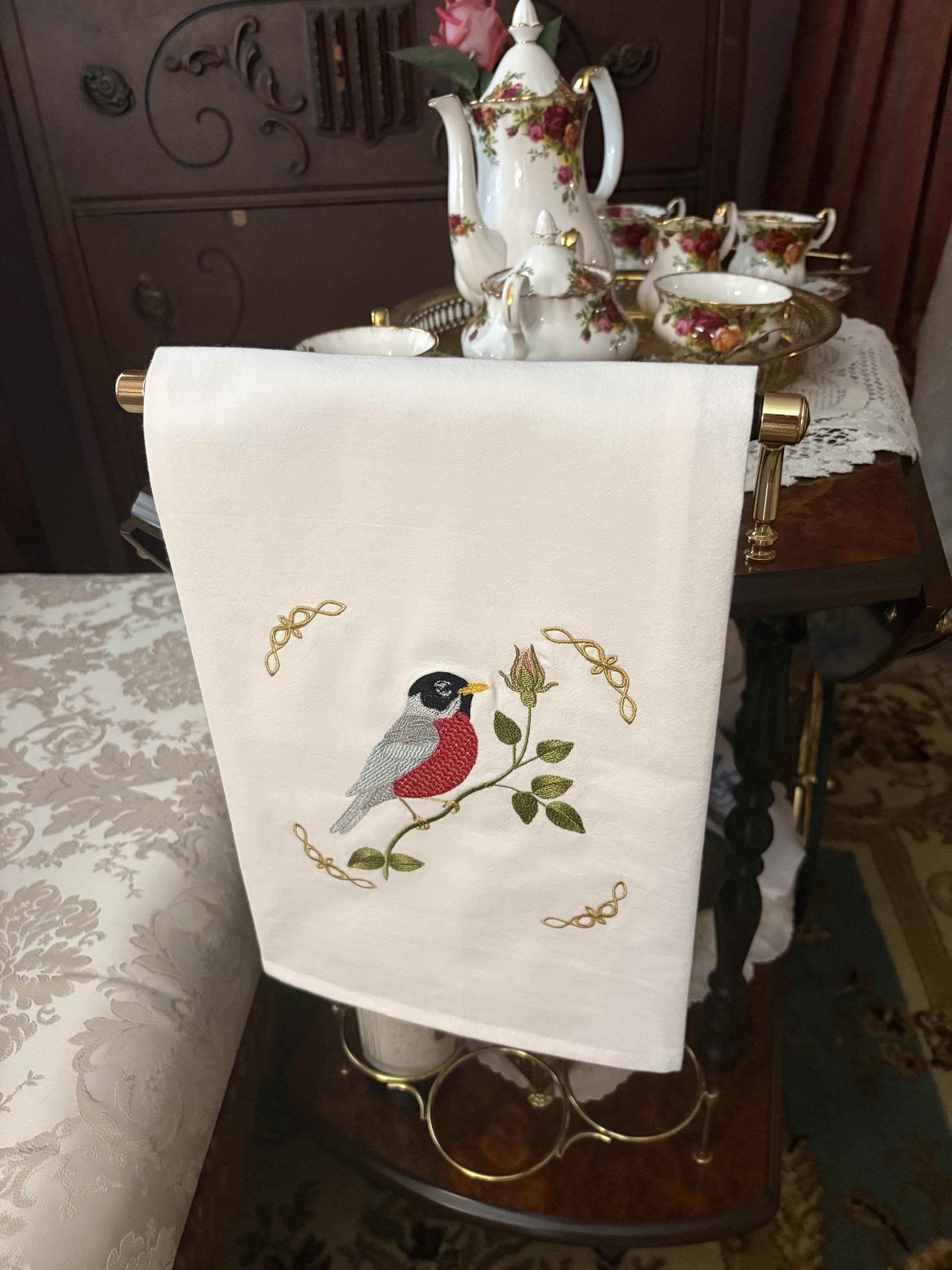 Autumn Robin Tea Towel parlor tea cart.jpeg