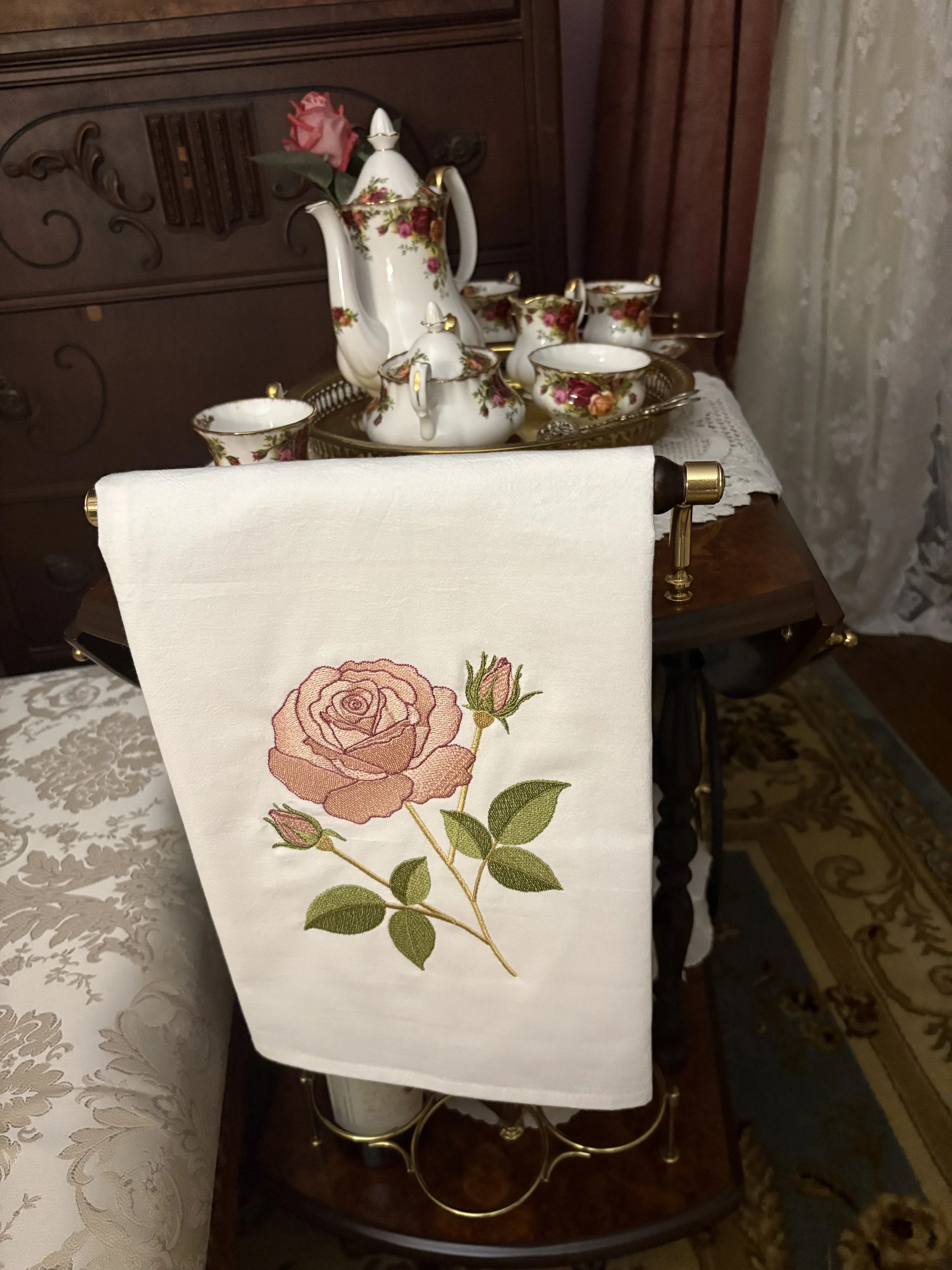Victorian Tea Rose Heirloom Tea Towel tea cart.jpeg