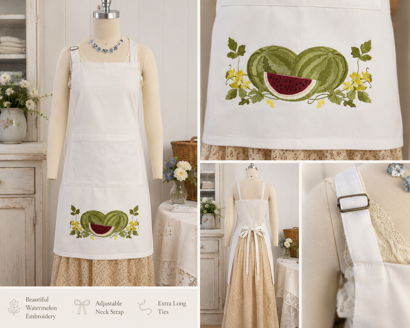 Heirloom Watermelon Embroidered Adjustable Apron / Exclusive Evening Shade Cottage Design