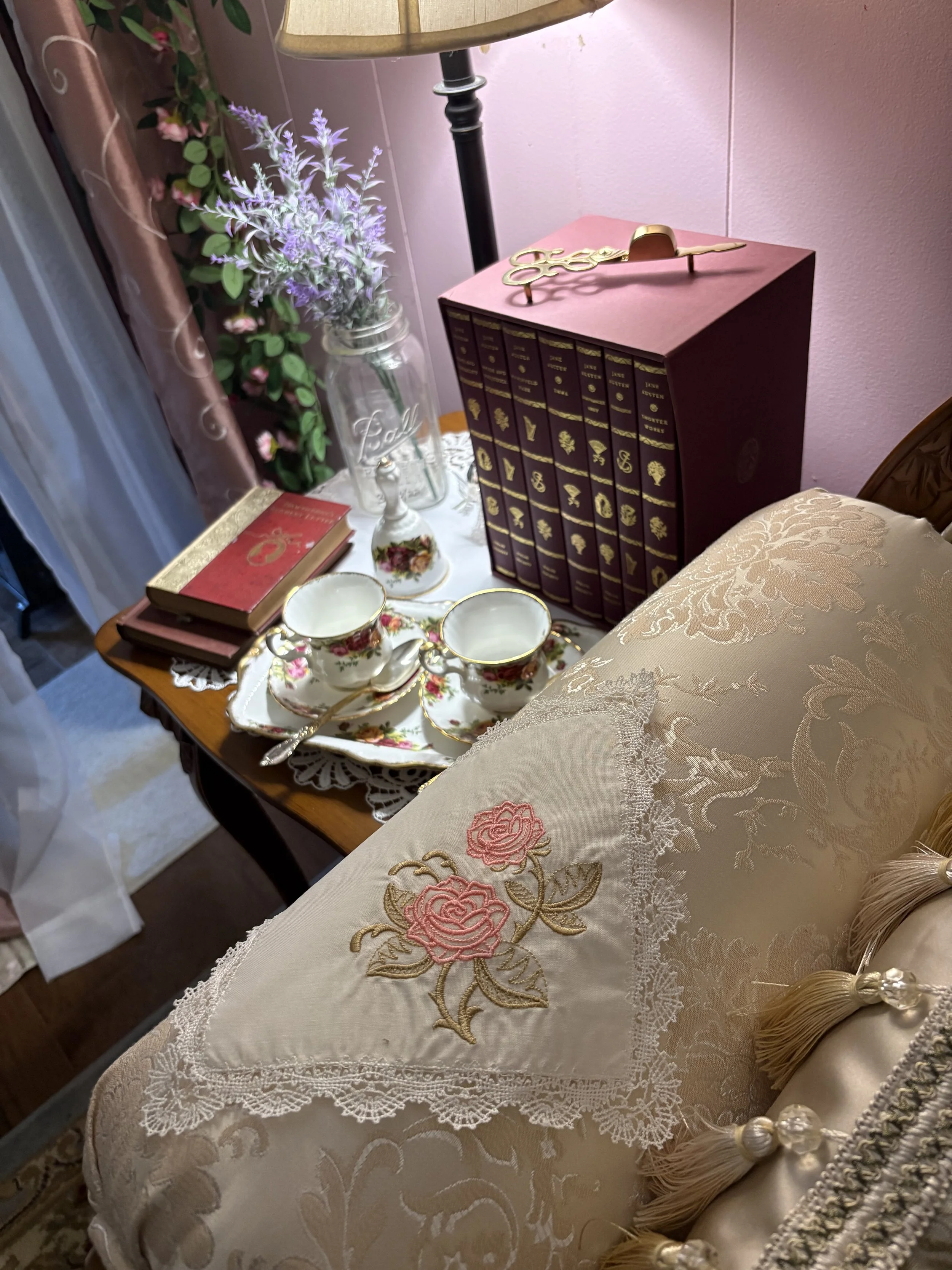 Victorian Rose and Gold Lace Handkerchief chaise.jpeg