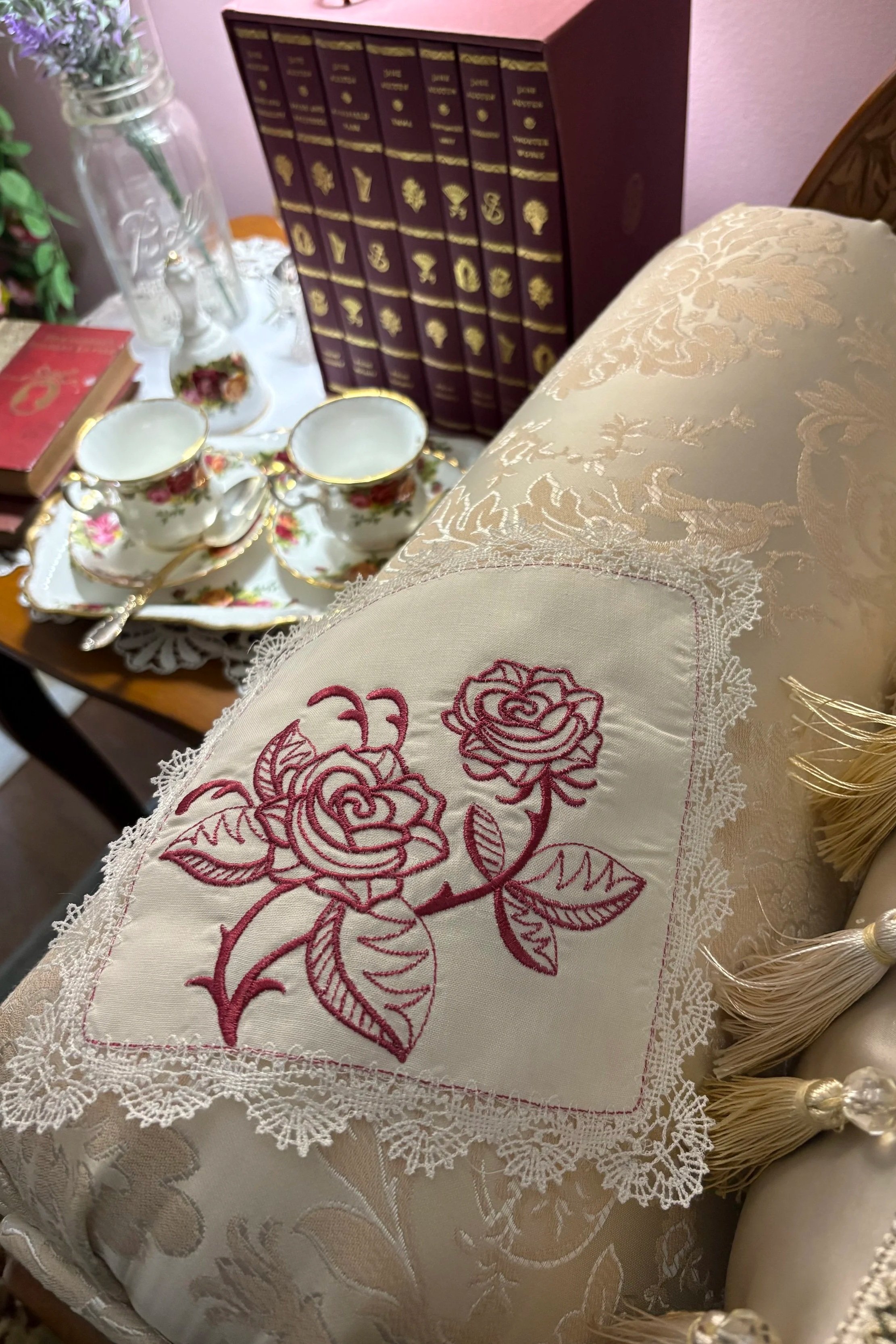Cranberry Rose Lace Handkerchief by Evening Shade Cottage.  Visit our Etsy shop for heirloom-inspired embroidery and handmade gifts.