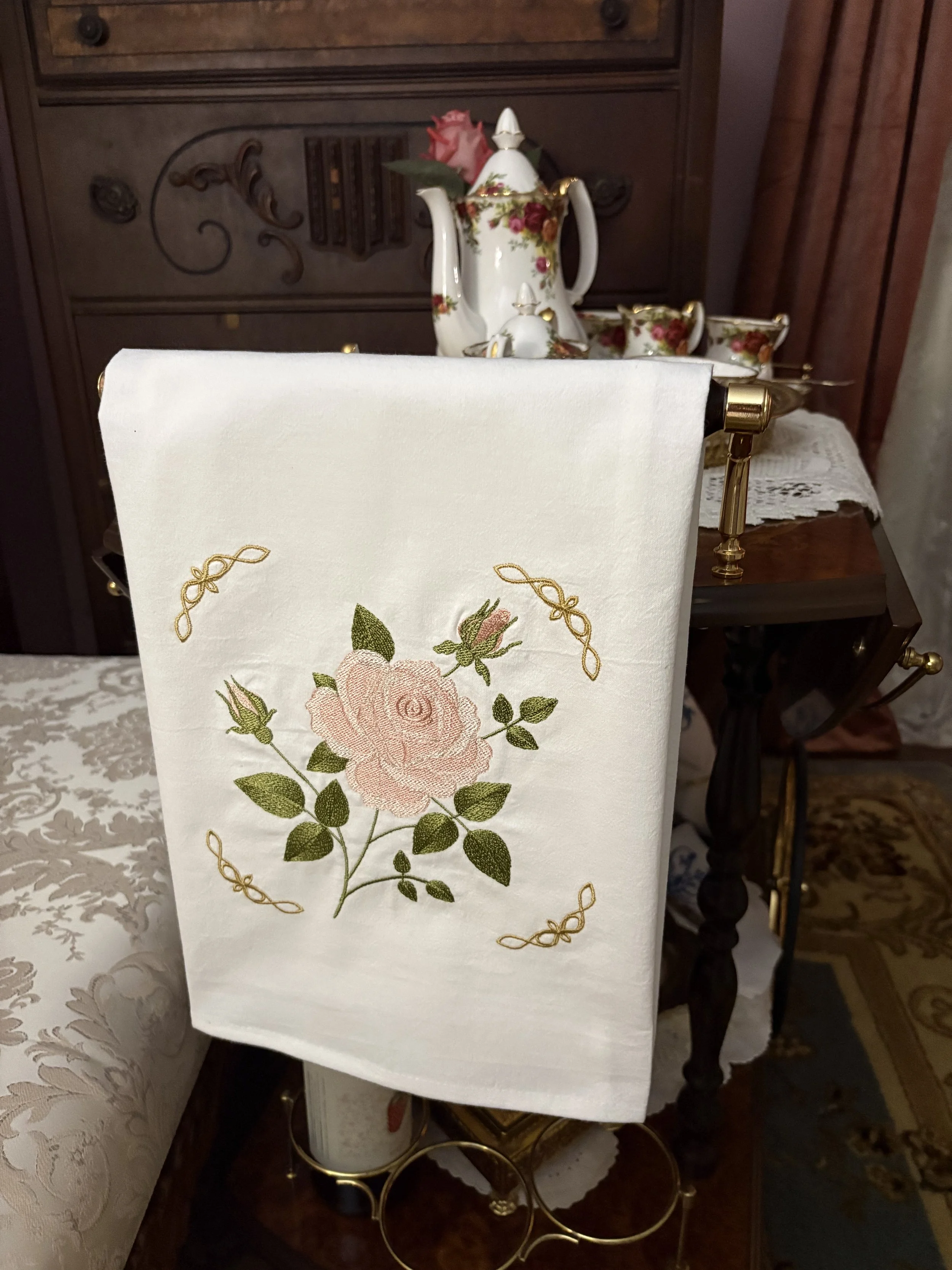 Heirloom Tea Rose Embroidered Tea Towel tea cart.jpeg