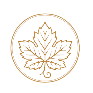 Gold outline of a maple leaf inside a circular border.