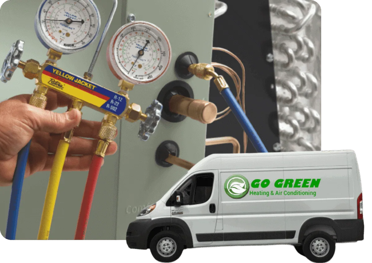 A technician's hand adjusting refrigerant gauges connected to an HVAC system, with a service van labeled 'Go Green Heating & Air Conditioning' in the foreground.