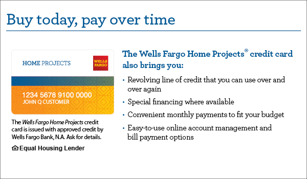 Wells Fargo credit card next to text explaining benefits of the Wells Fargo Home Projects credit card.