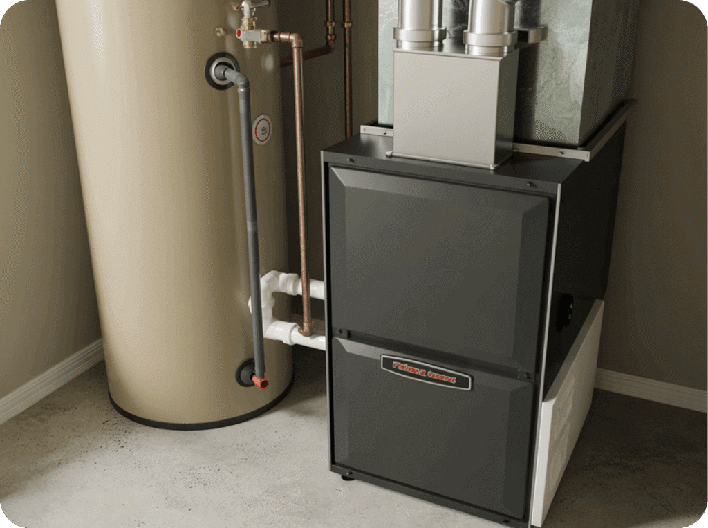 A heating system with a large beige water heater tank, copper and gray pipes, and a gray and black furnace unit with ductwork.