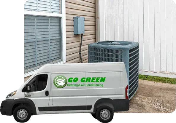 A white delivery van with 'Go Green Heating & Air Conditioning' logo parked outside a building with beige and white siding, near an outdoor air conditioning unit.