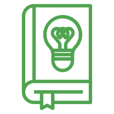 Green icon of a book with a lightbulb on the cover and a bookmark at the bottom.