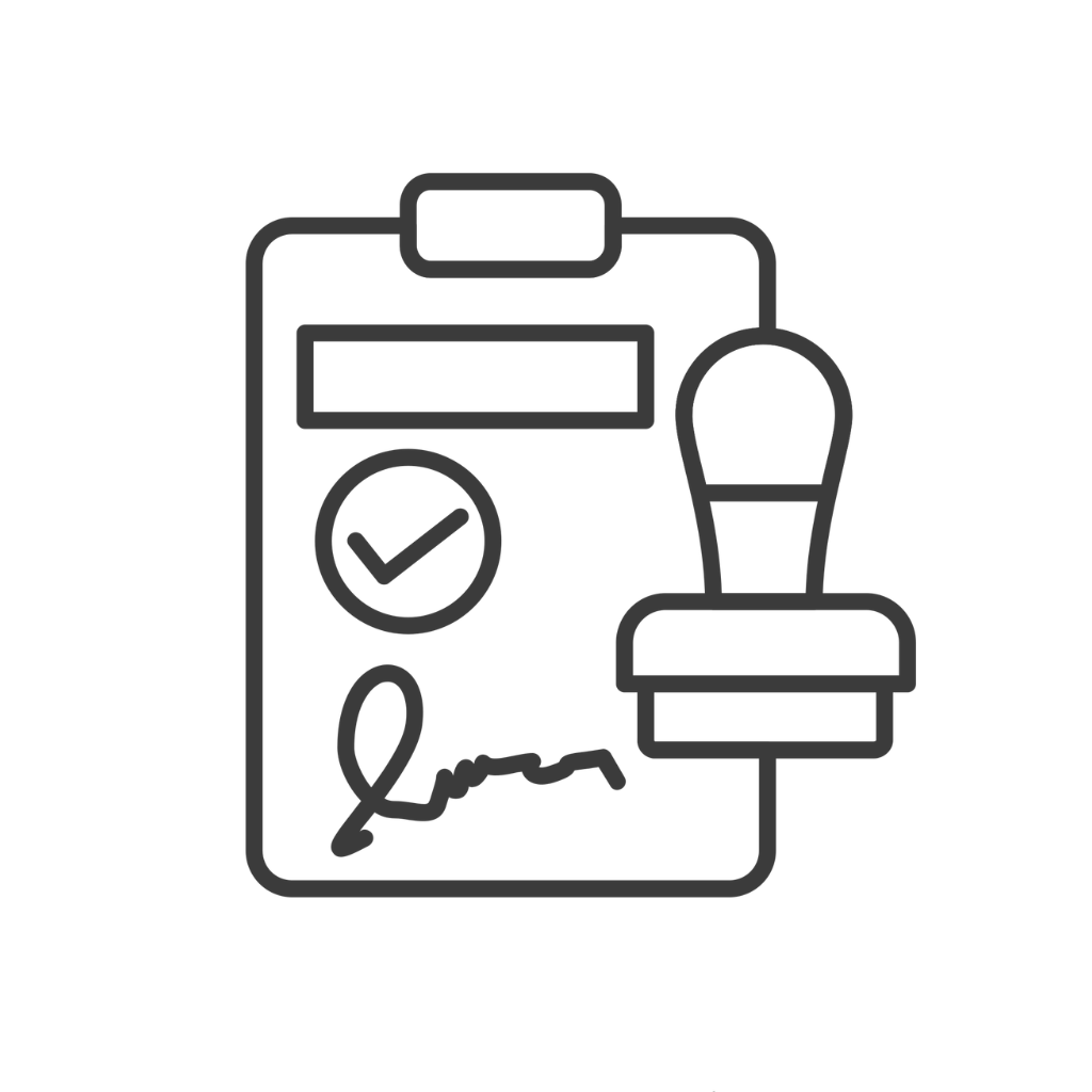 A simple line drawing of a stamp on a clipboard with a checkmark, signature, and a rubber stamp.