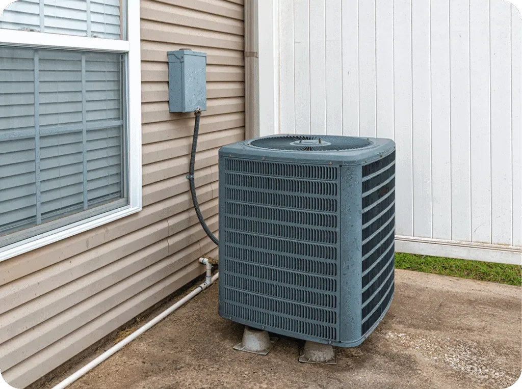 An outdoor air conditioning unit beside a house with beige siding, a window, and a white fence, on a concrete surface.