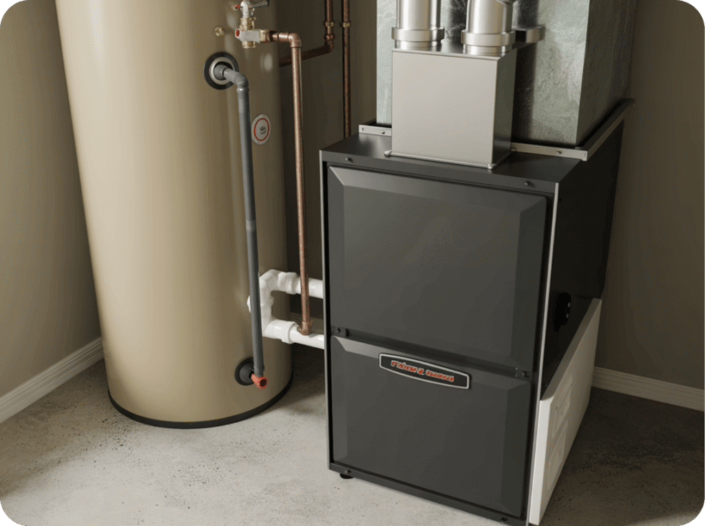 A water heater tank connected to copper and white PVC pipes and a furnace with vents in a utility room.