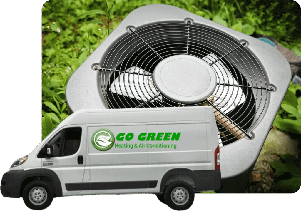 A large outdoor HVAC unit on grass and a white service van with green logo and text for Go Green Heating & Air Conditioning.