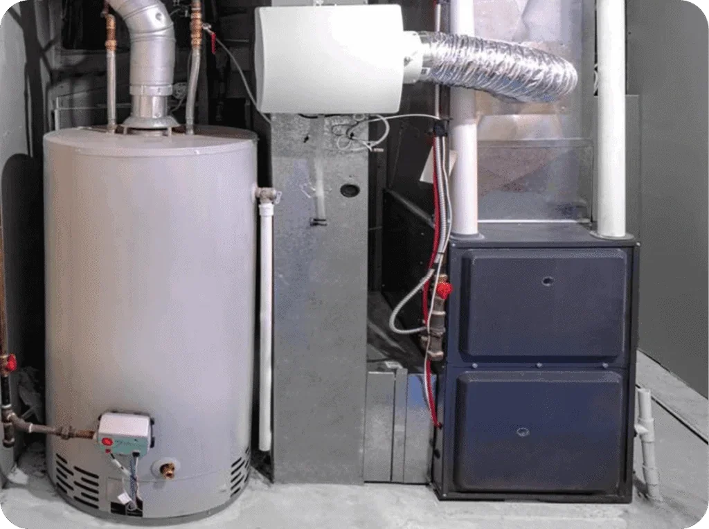 A water heater connected to HVAC system components in a utility room.