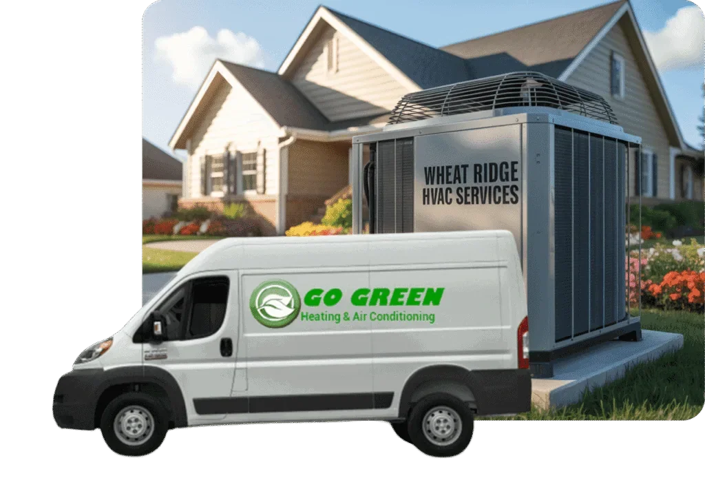 A white van with green logo and the text 'GO GREEN Heating & Air Conditioning' parked in front of a house with an HVAC unit labeled 'Wheat Ridge HVAC Services' outside.