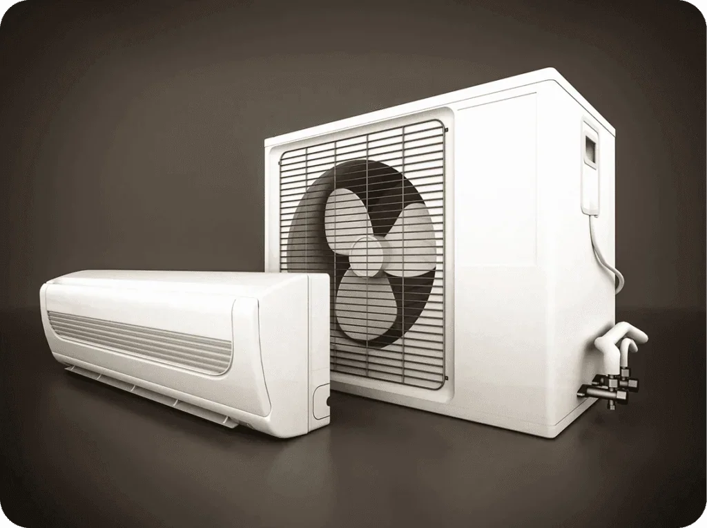 A large white outdoor air conditioning unit with a fan, connected to a white indoor air conditioning unit on a gray background.