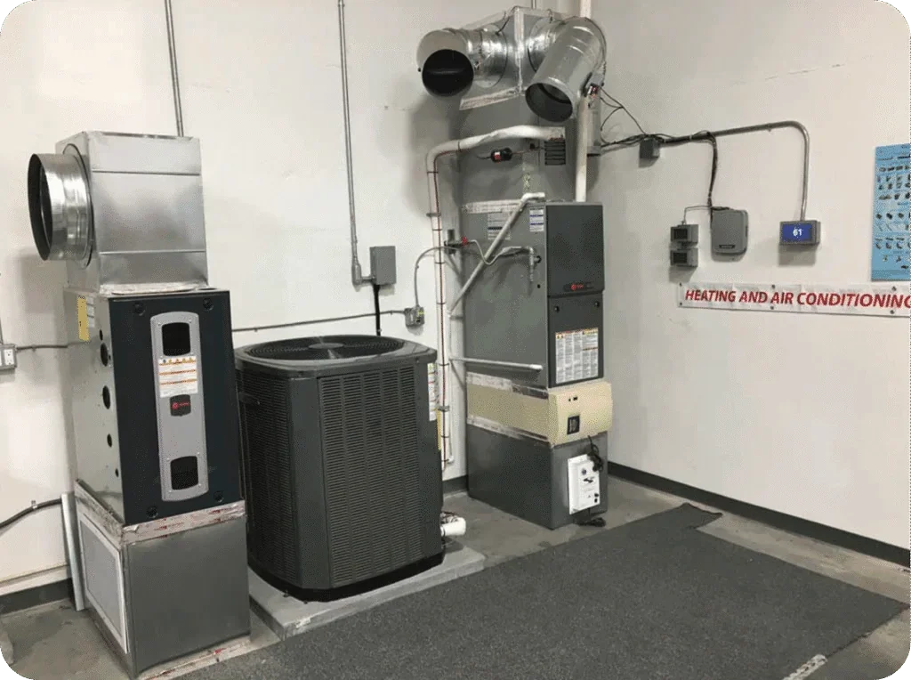 HVAC system with air handler, cooling unit, and ductwork in a mechanical room.