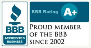 BBB Accredited Business badge with BBB rating A+ and Proud Member of the BBB since 2002.