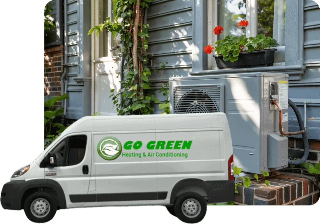 A white service van with a green logo and text that reads 'GO GREEN Heating & Air Conditioning,' parked outside a house with gray siding. The house has a window with a flower box containing red flowers, and an outdoor HVAC unit is visible nearby.