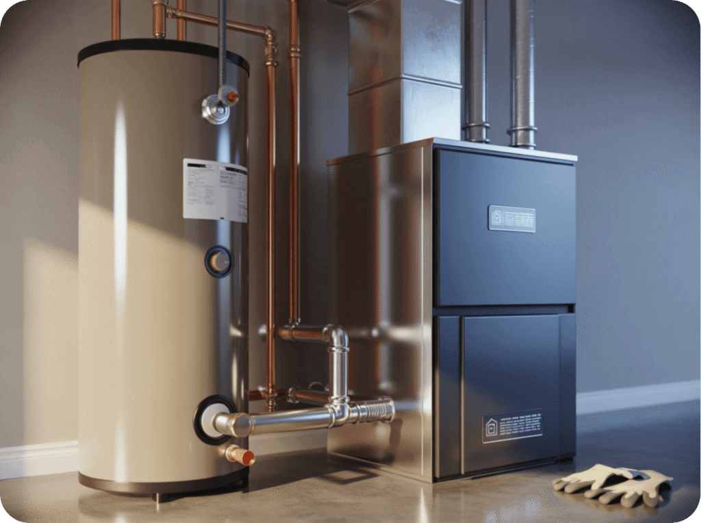 A water heater and heating system in a utility room, with copper pipes and a pair of work gloves on the floor.