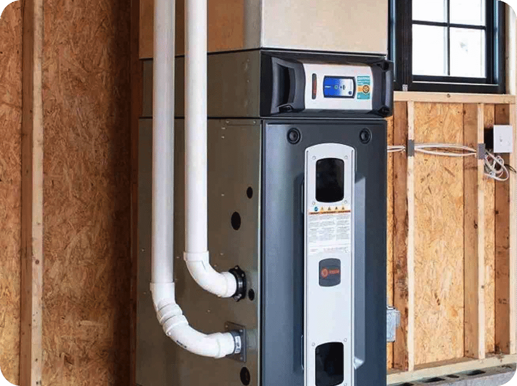 HVAC furnace and control panel installed in a partially finished room with drywall and a window.