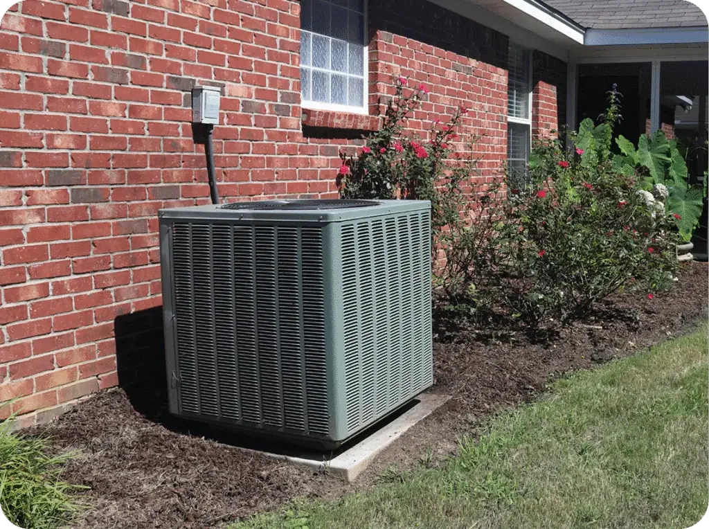 An outdoor air conditioning unit next to a brick house, with flowering bushes and a small patch of grass nearby.