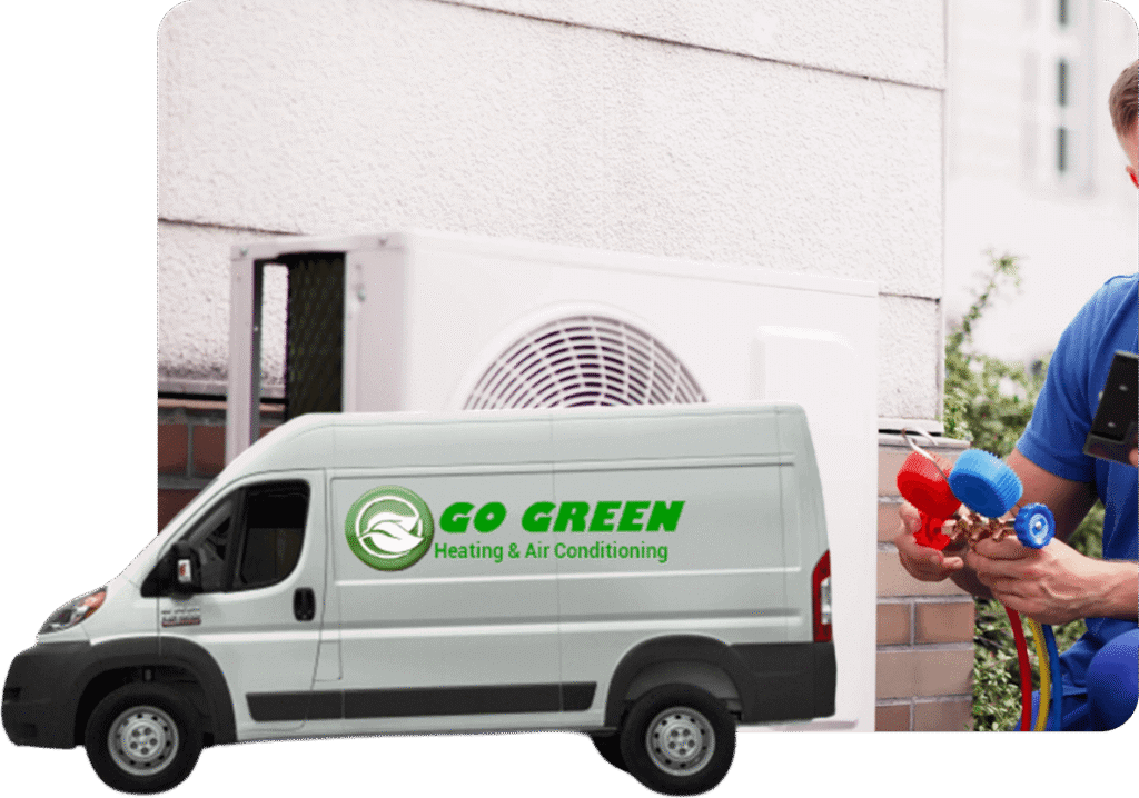 A service van with the logo "Go Green Heating & Air Conditioning" parked outside a building. A technician in blue uniform is holding a set of colorful refrigerant gauges.