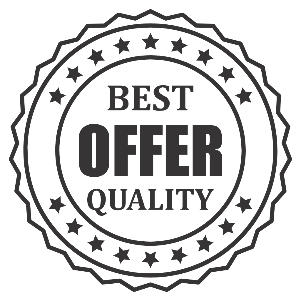 A black and white graphic badge with the words "Best Offer Quality" and a border of stars.