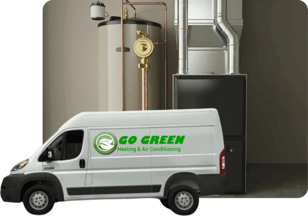 A white van with green text and logo that says "Go Green Heating & Air Conditioning" parked in front of a home heating and cooling system, including a water heater and ductwork.
