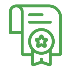 A certificate of achievement with a ribbon, depicted in green outline