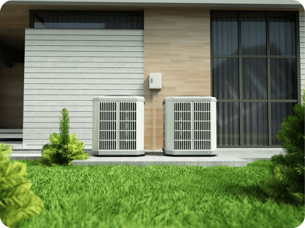 Two outdoor air conditioning units on a concrete pad in front of a house with modern siding and a large window