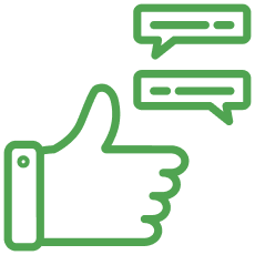 Green outline of a thumbs-up hand with two speech bubbles above it.