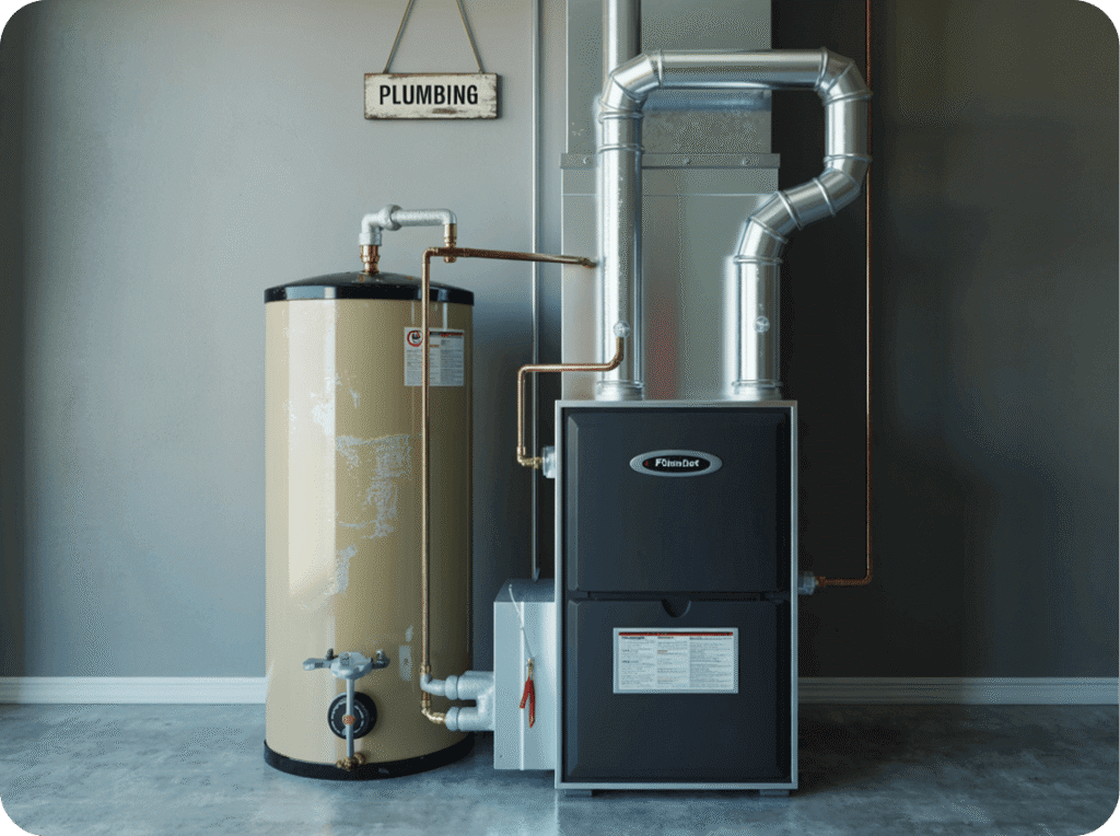 A water heater and a furnace with ductwork, located in a utility room with gray walls and a sign labeled 'PLUMBING' above them.