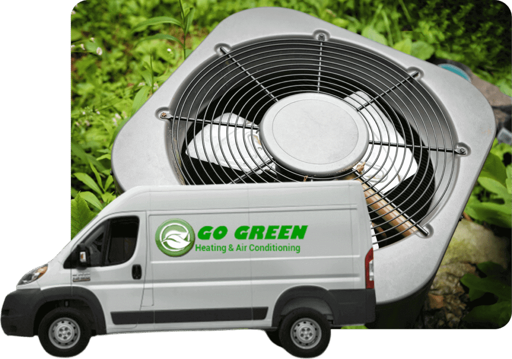 A white service van with the text 'GO GREEN Heating & Air Conditioning' parked in front of an air conditioning unit outdoors.
