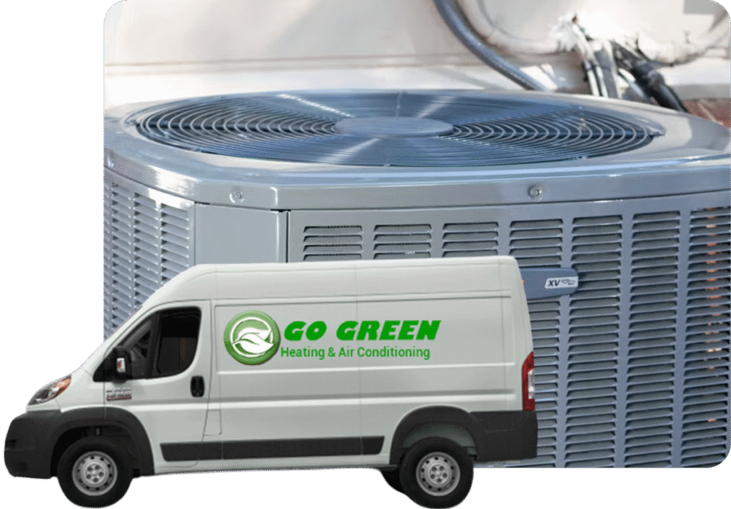 A large gray air conditioning unit with a circular fan on top, and a white service van in front with green text and logo that reads "GO GREEN Heating & Air Conditioning."