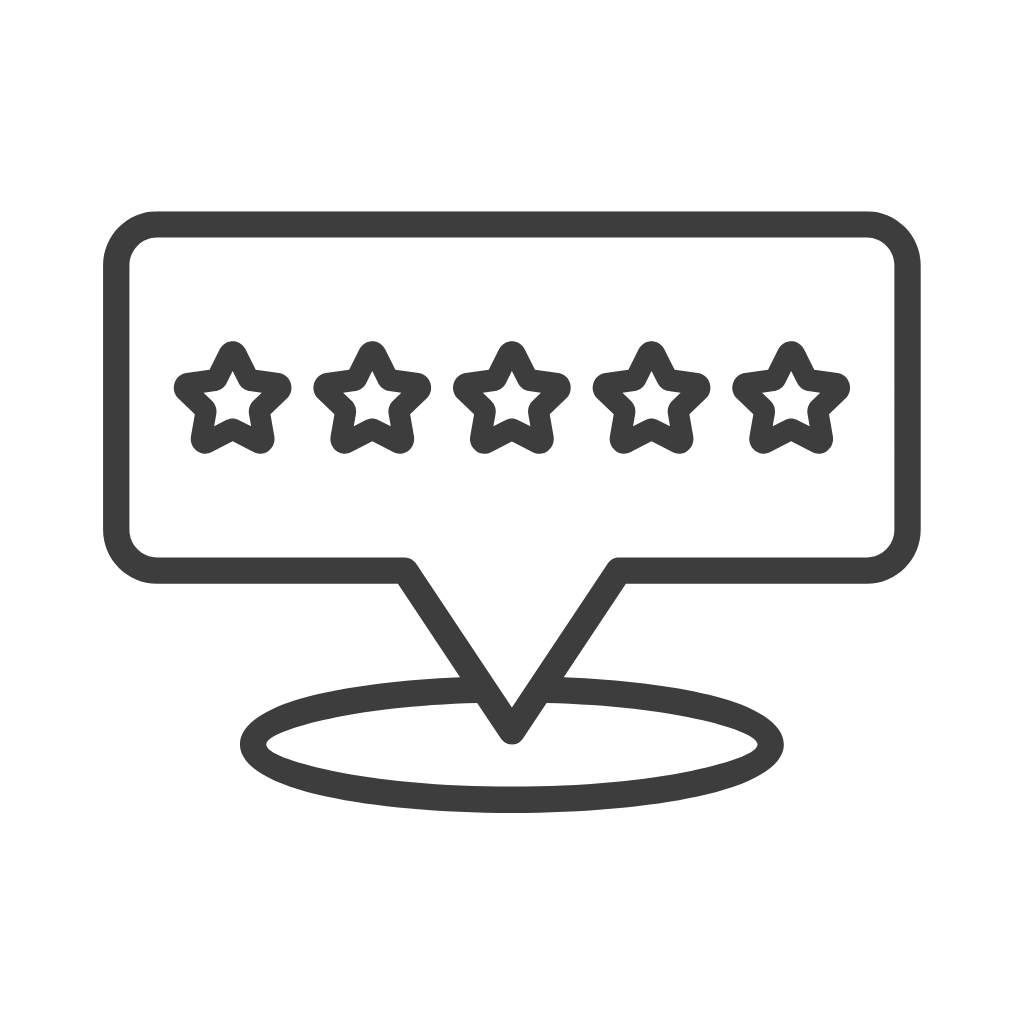 Outline of a speech bubble with five-star rating icons inside, placed on an oval base.