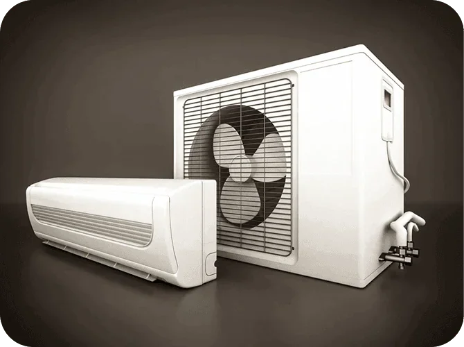 An air conditioning unit with a separate indoor and outdoor component, showing a fan and cooling system.