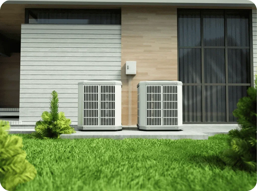 Two outdoor air conditioning units outside a modern house with greenery and a large window.