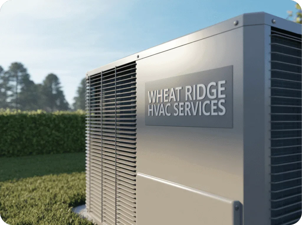 A large HVAC unit with a sign that reads 'Wheat Ridge HVAC Services' outdoors on a clear day with green bushes and trees in the background.