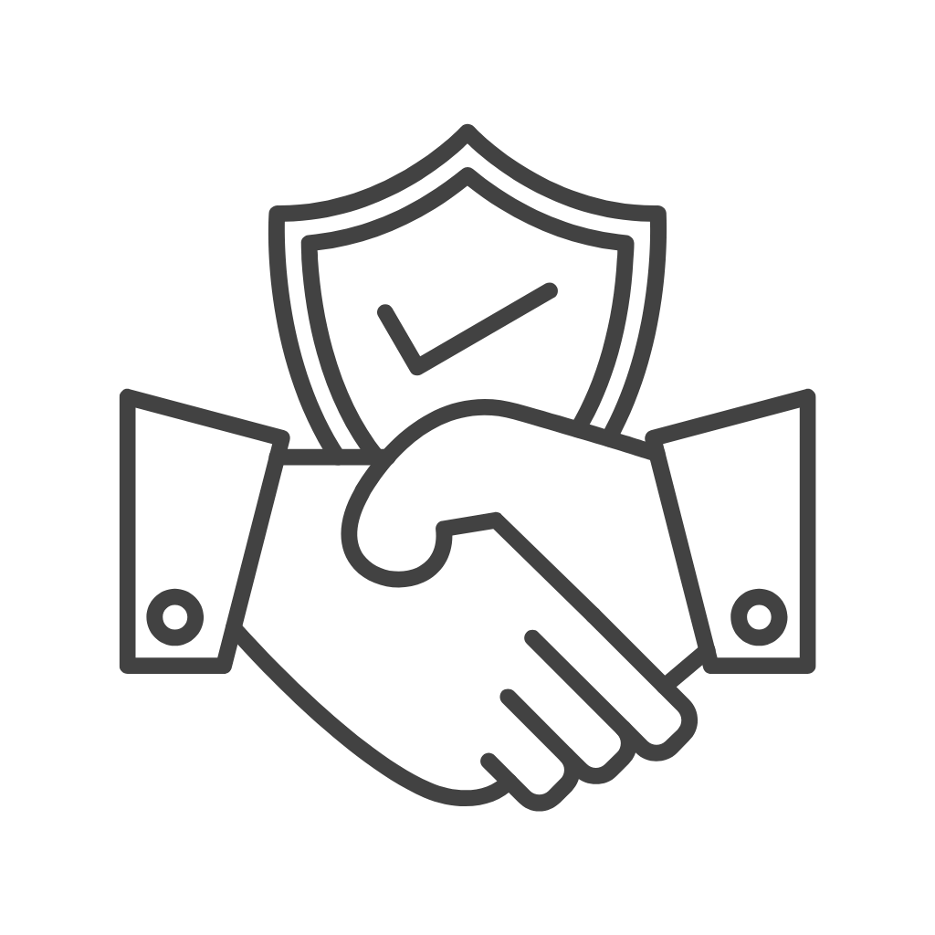 Outline drawing of two hands shaking in front of a shield with a checkmark, symbolizing security or agreement.